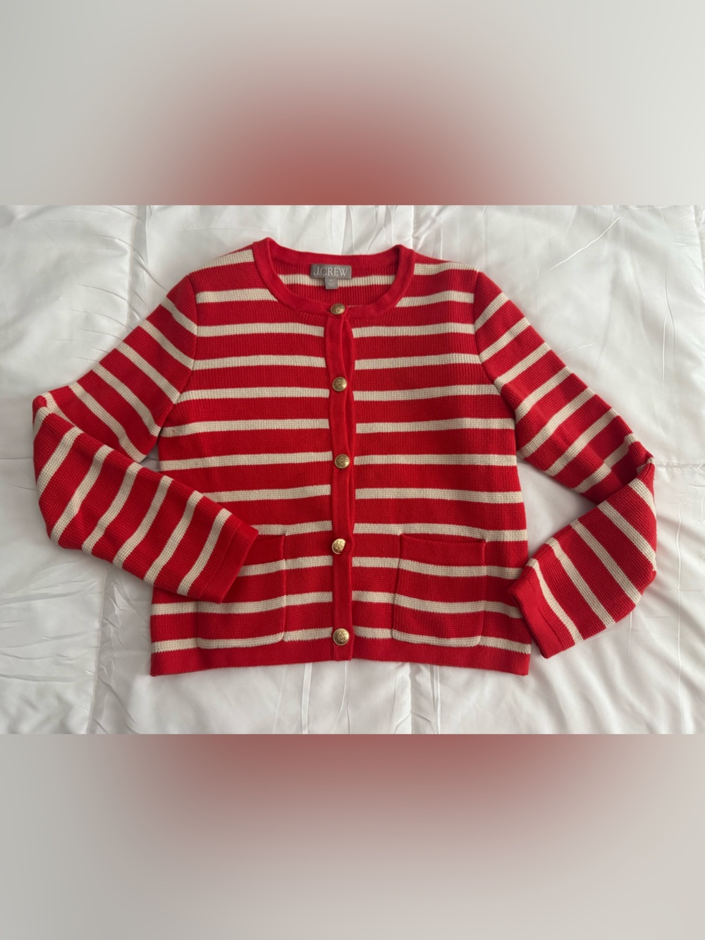 J. Crew Red and Cream EMILIE LADY JACKET Striped Gold-Button Cardigan XS